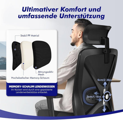 Ergonomischer Bürostuhl mit Verstellbaren Armlehnen Lendenstütze Naturschwamm