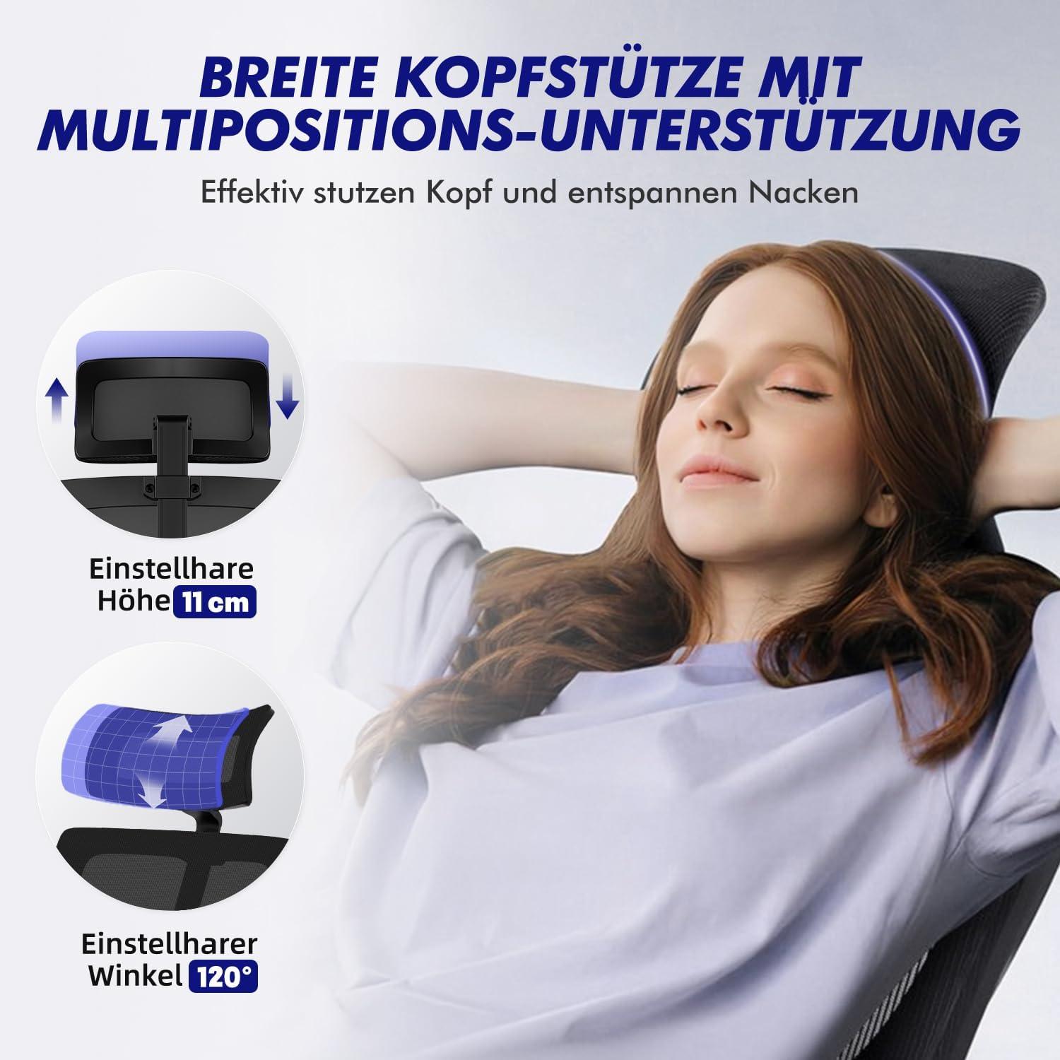 Ergonomischer Bürostuhl mit Verstellbaren Armlehnen Lendenstütze Naturschwamm