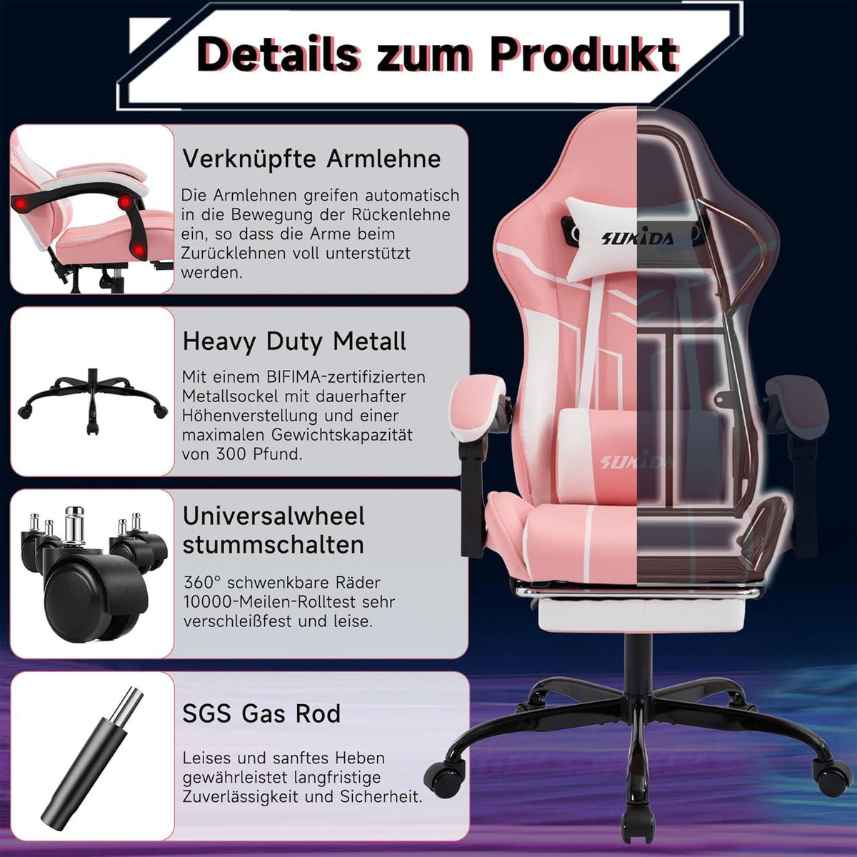 Ergonomischer Gaming Stuhl mit Fußstütze Lendenwirbelstütze