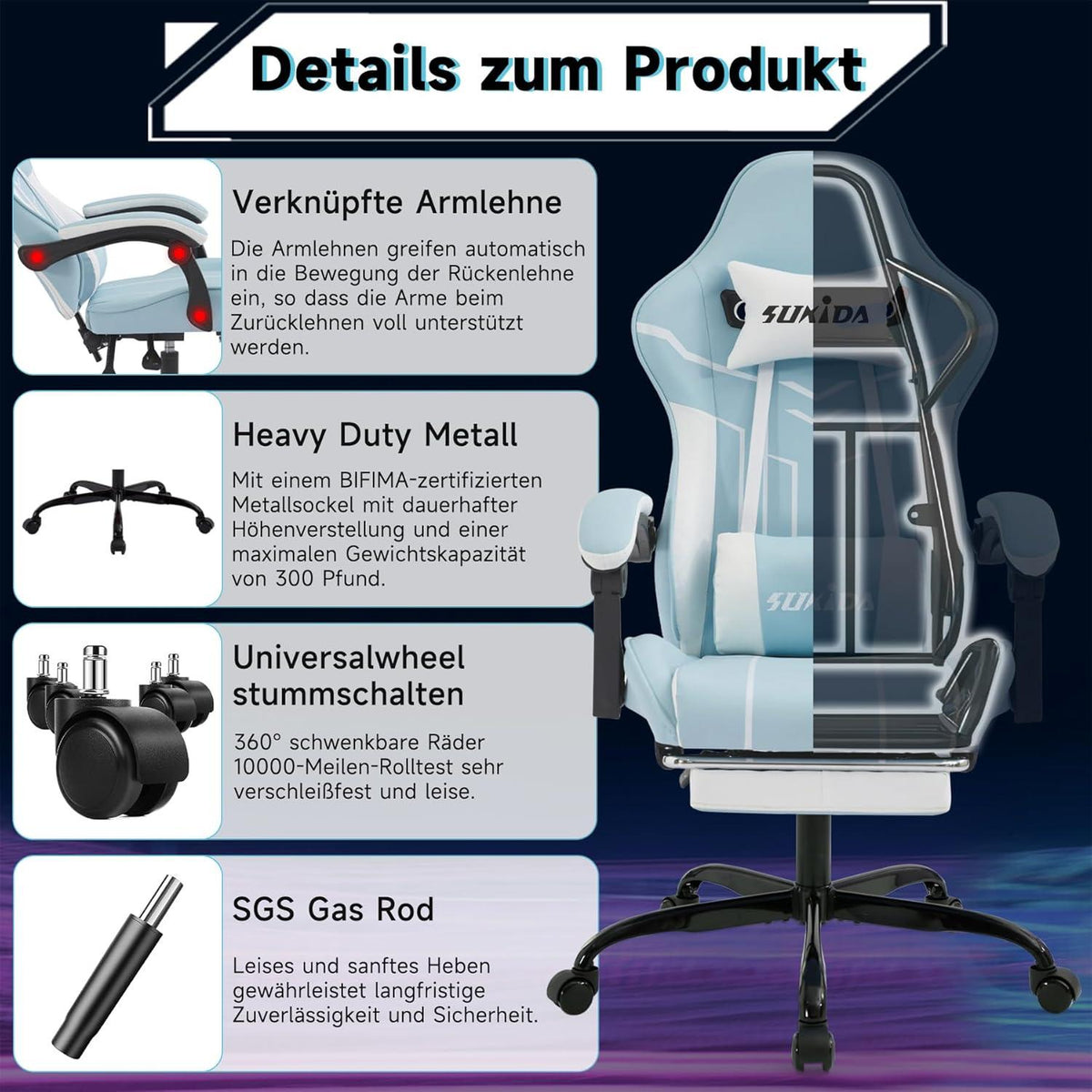 SUKIDA Gaming Stuhl Computerstuhl Ergonomischer Chair mit Fußstütze