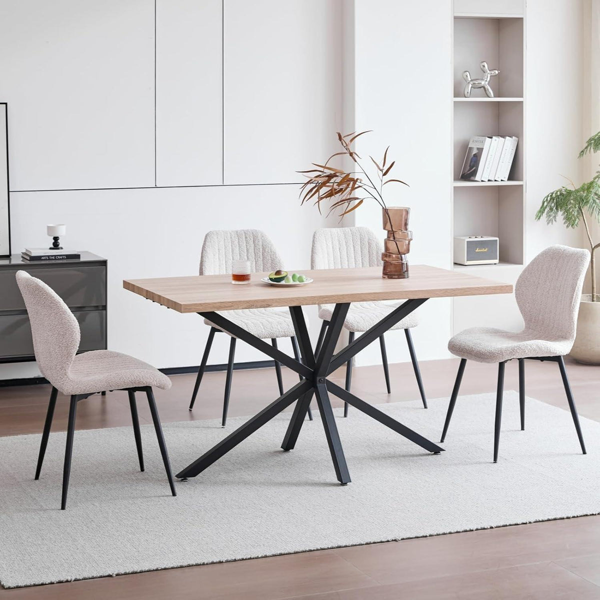 8 Esszimmerstühle Leinen Stoff Schwarz Metallbeine Beige