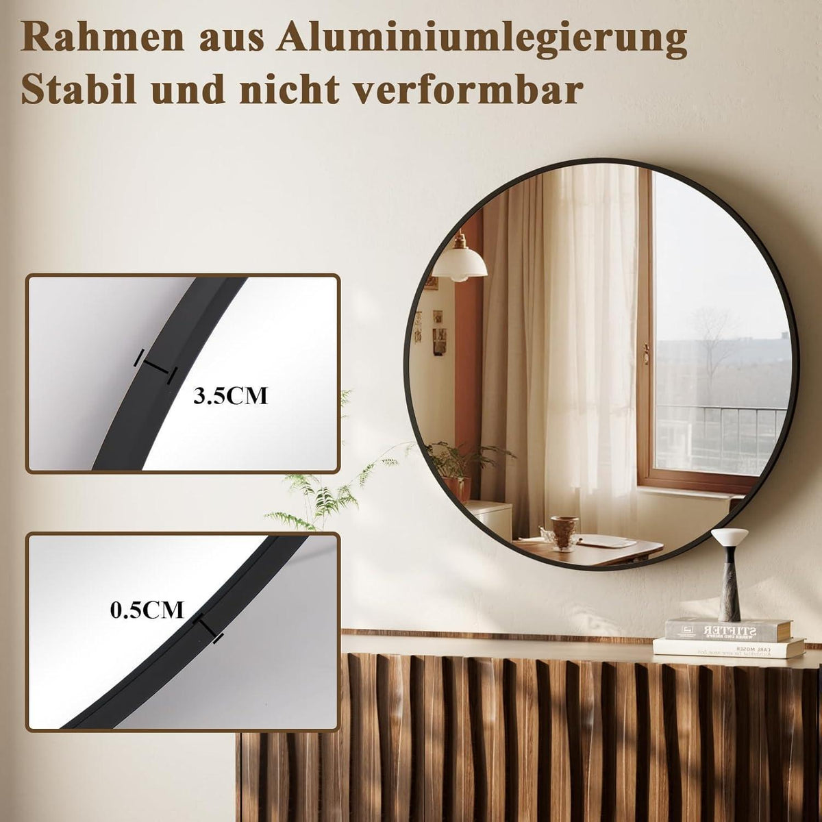 Runder Wandspiegel 106cm mit Schwarz Aluminiumrahmen