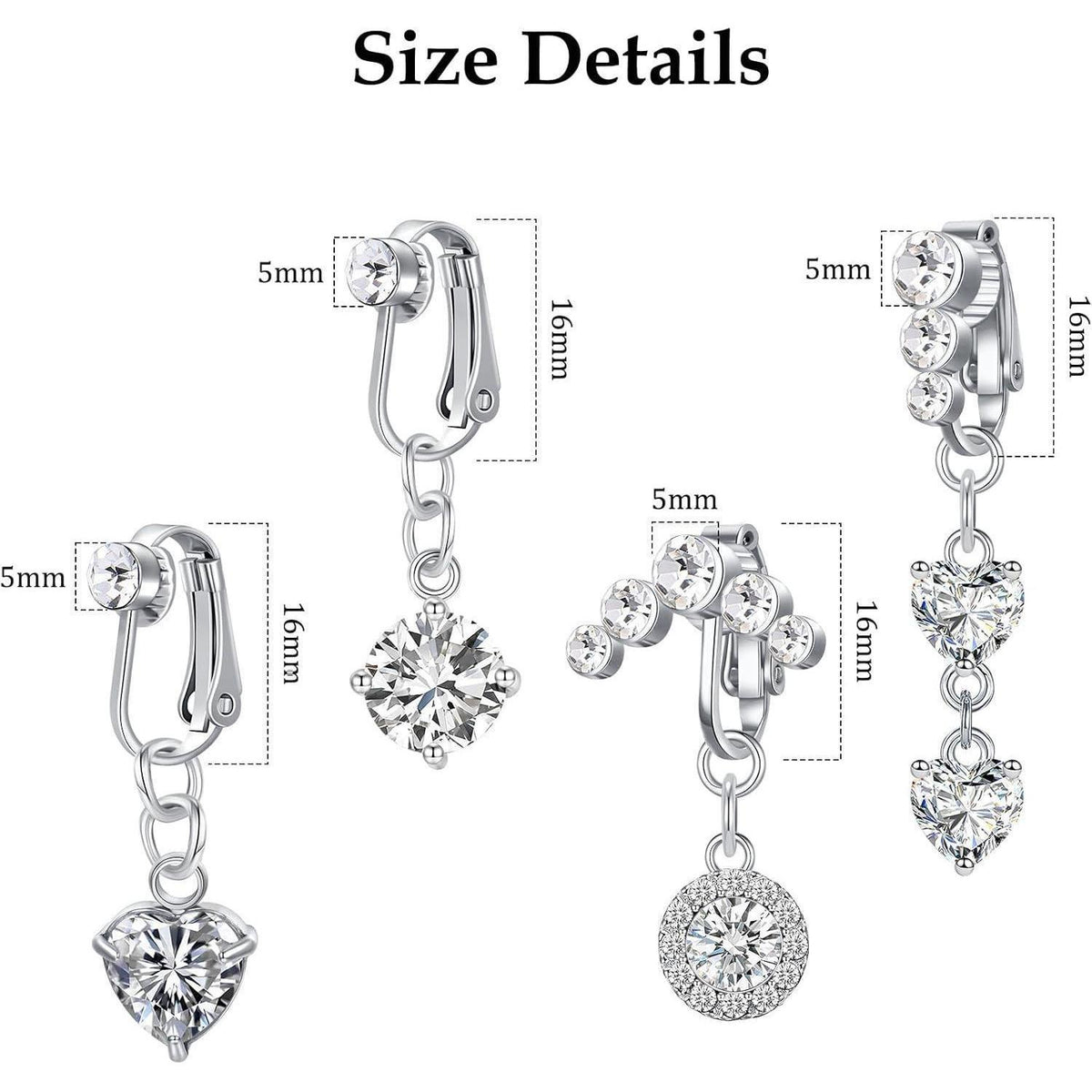 4er Set Fake Bauchnabelpiercing Clip-On Chirurgenstahl Silber