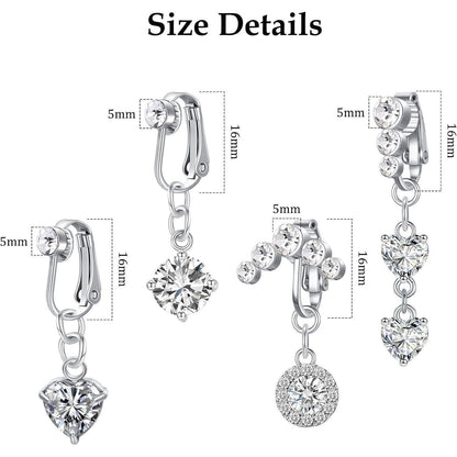 4er Set Fake Bauchnabelpiercing Clip-On Chirurgenstahl Silber