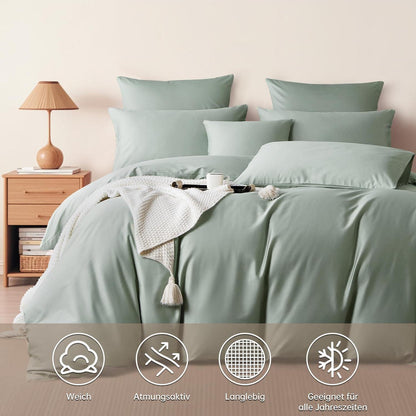 Satin Bettwäsche Set 200x220 cm Baumwolle Grün Salbeigrün