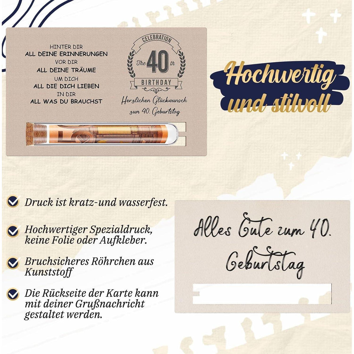 Geldgeschenk 40. Geburtstag mit Reagenzglas & Holzkarte