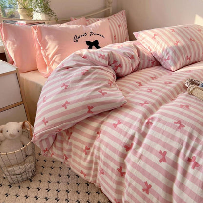 Bettwäsche Set 135x200 Rosa Schleifen – Weiß & Rosa Streifen