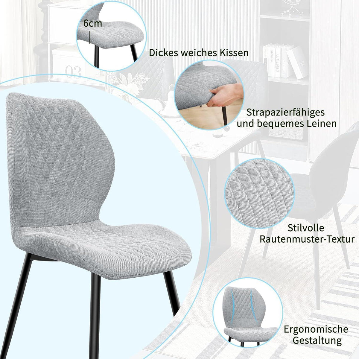 Gepolsterte Esszimmerstühle Set 4 – Grau, Modern & Ergonomisch