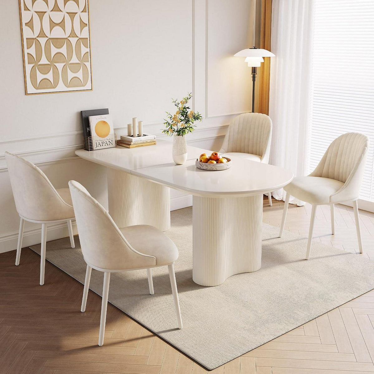 Moderner Esstisch Weiß mit 4 Polsterstühlen – 160cm Esszimmer Set