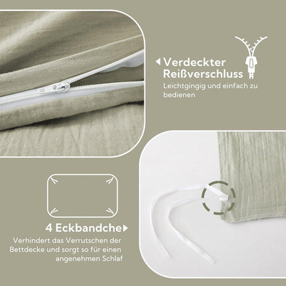 Doppelmuslin Bettwäsche 135x200 Nebelgrün 4-teilig Baumwolle