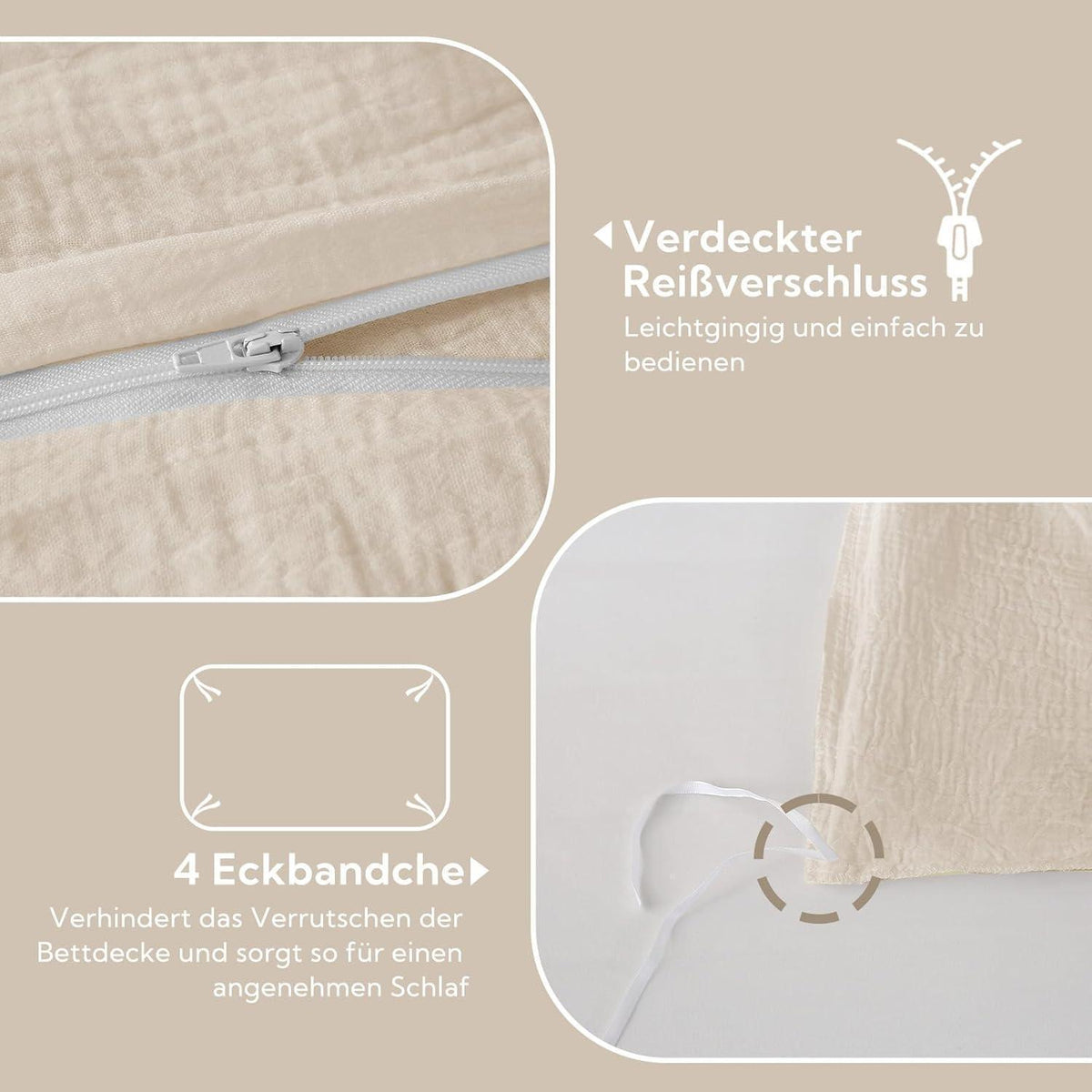 Doppelmuslin Bettwäsche 135x200 Hellbeige 4-teilig Baumwolle