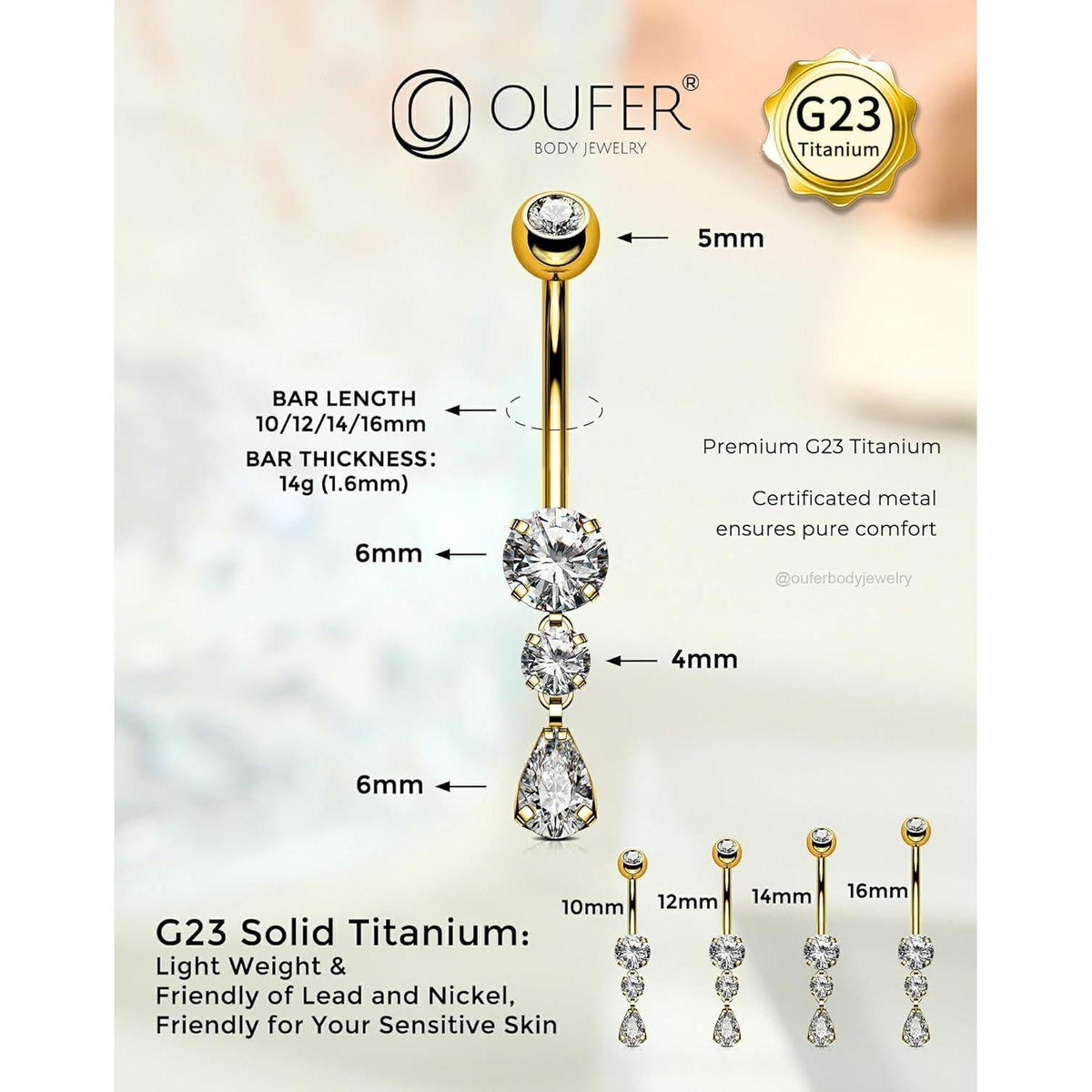 Bauchnabelpiercing Titan mit Zirkonia Tropfen Gold 14G