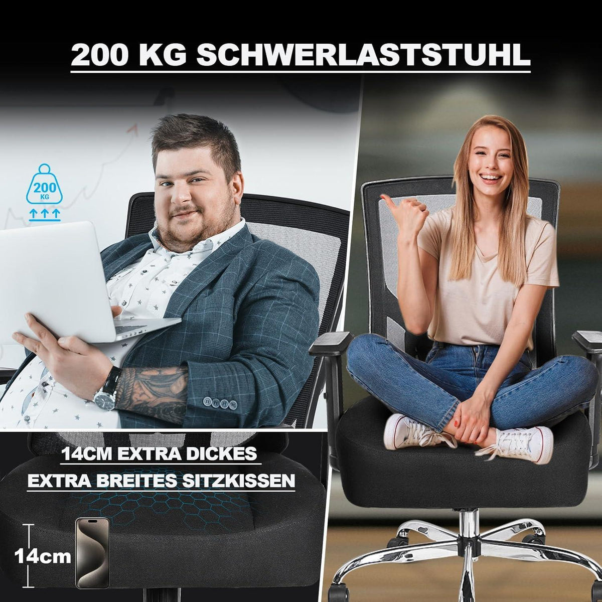 Ergonomischer Bürostuhl 200KG XXL mit Federsitzkissen