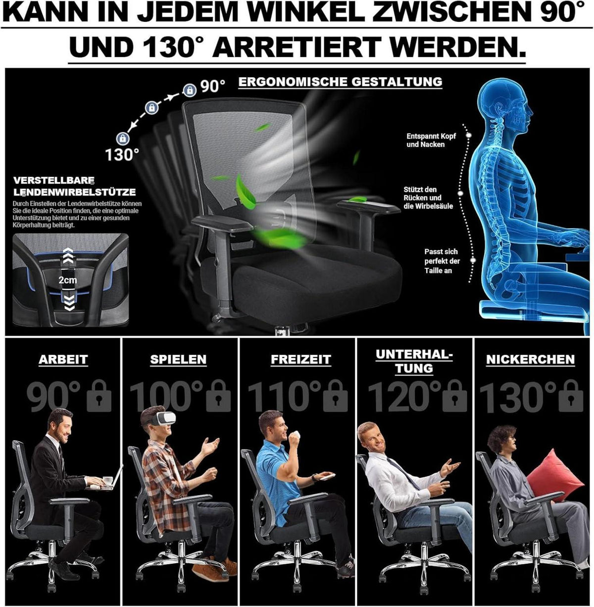 Ergonomischer Bürostuhl 200KG XXL mit Federsitzkissen & Lendenstütze