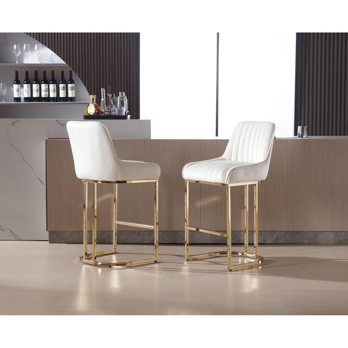 Barhocker Set 2er – Samt, Goldenes Metallbein, Weiß