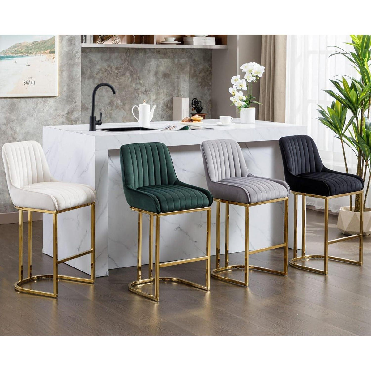 Barhocker Set 2er – Samt, Goldenes Metallbein, Weiß