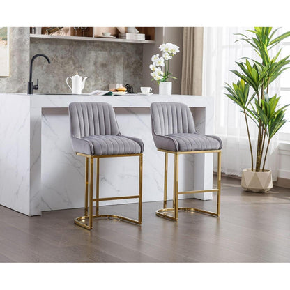 Barhocker Set Grau Samt mit goldenen Metallbeinen