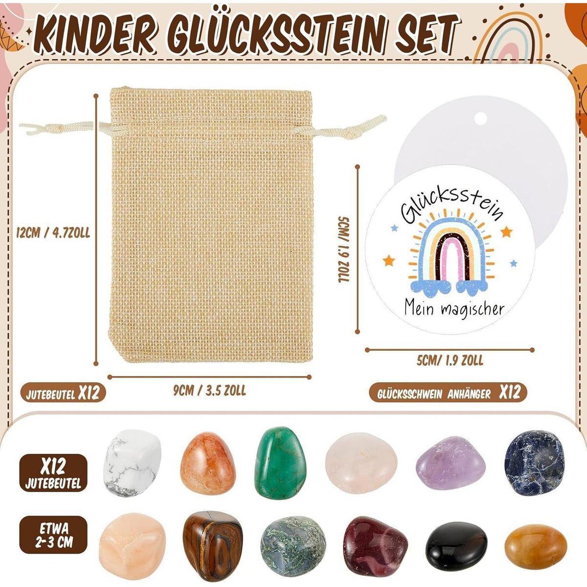 12 Glückssteine Set für Kinder – Mitgebsel Taufe & Geburtstag