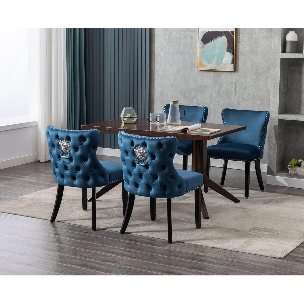 Samt Esszimmerstühle 2er Set mit Löwenkopf, Blau