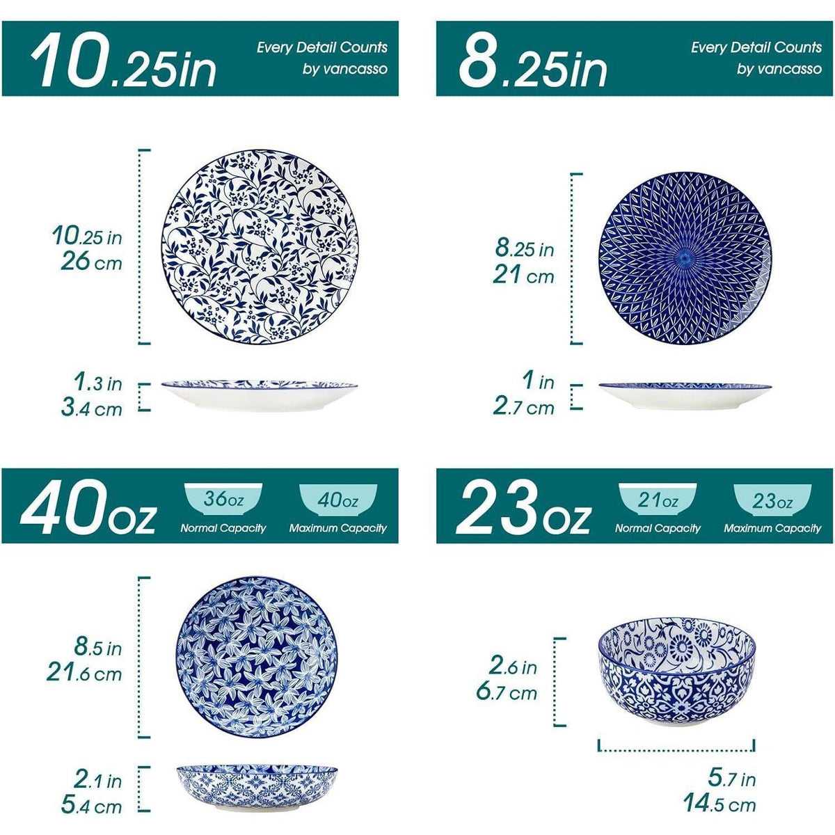 Geschirrset 24-tlg für 6 Personen, Blau-Weiß Keramik
