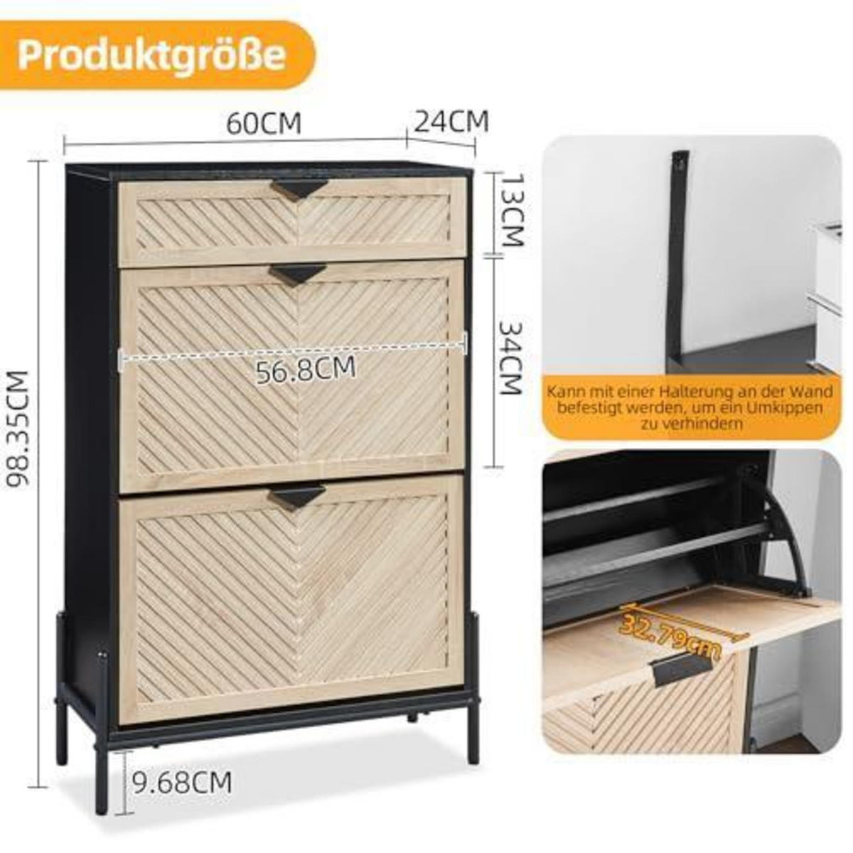 Schmaler Schuhschrank mit Klappe & Schublade, Eiche & Schwarz
