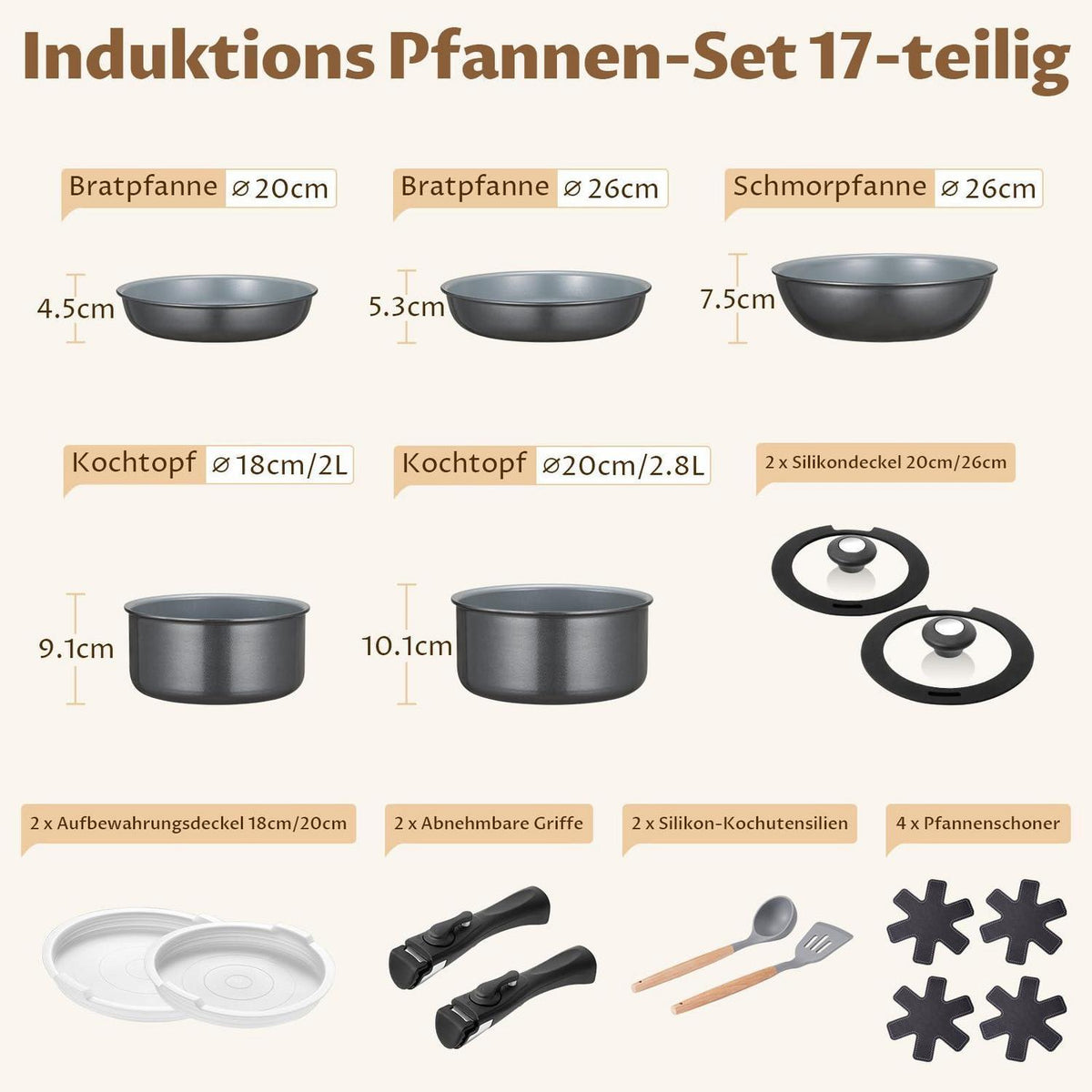 Keramik Topfset 17-teilig Dunkelgrau – Kochgeschirr Komplettset