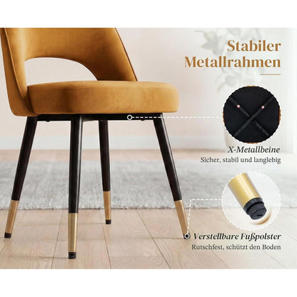 Esszimmerstühle 2er Set, Samt Polsterstuhl mit Metallbeinen Gelb