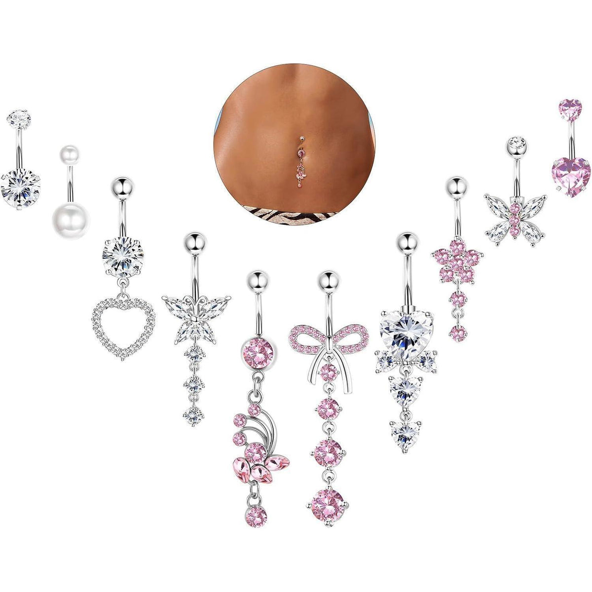 10er Set Bauchnabelpiercings mit Schmetterling und Schlange, Rosa Blau