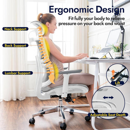 Ergonomischer Bürostuhl mit Lendenwirbelstütze, 150kg, Weiß