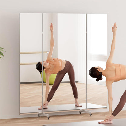 3-Fach Faltbarer Ganzkörperspiegel 180x190cm – Weiß, Standspiegel mit Rollen