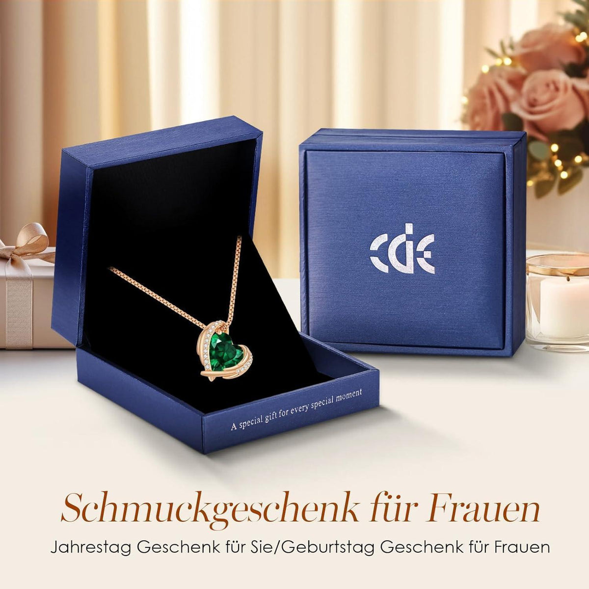 Herz Halskette Rosegold mit Kristallanhänger, Geschenkbox
