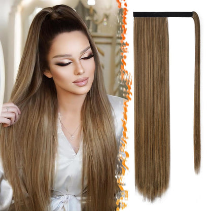 Glatter Pferdeschwanz Haarteil Braun mit Honigblond 66cm