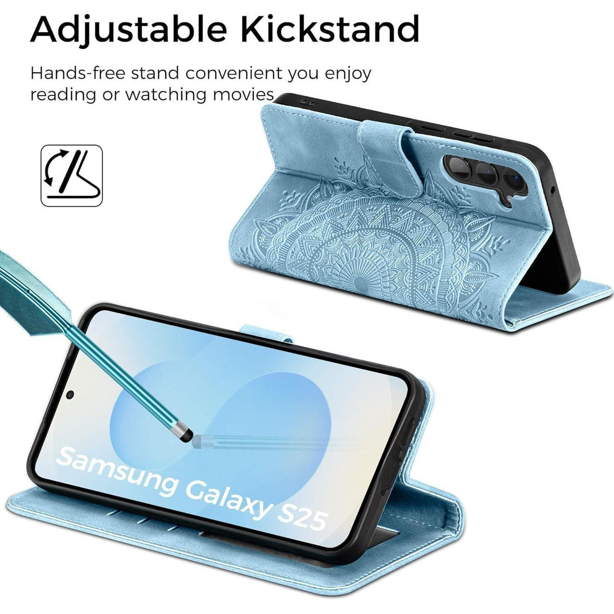 Samsung Galaxy S25 Klapphülle mit Kartenfach & Standfunktion Himmelblau in Lederoptik