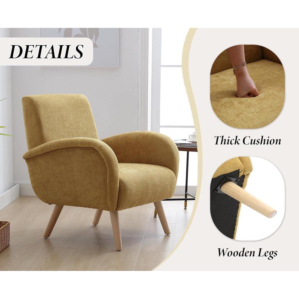 Chenille Loungesessel mit Holzbeinen – Bequemer Sessel für Wohnzimmer