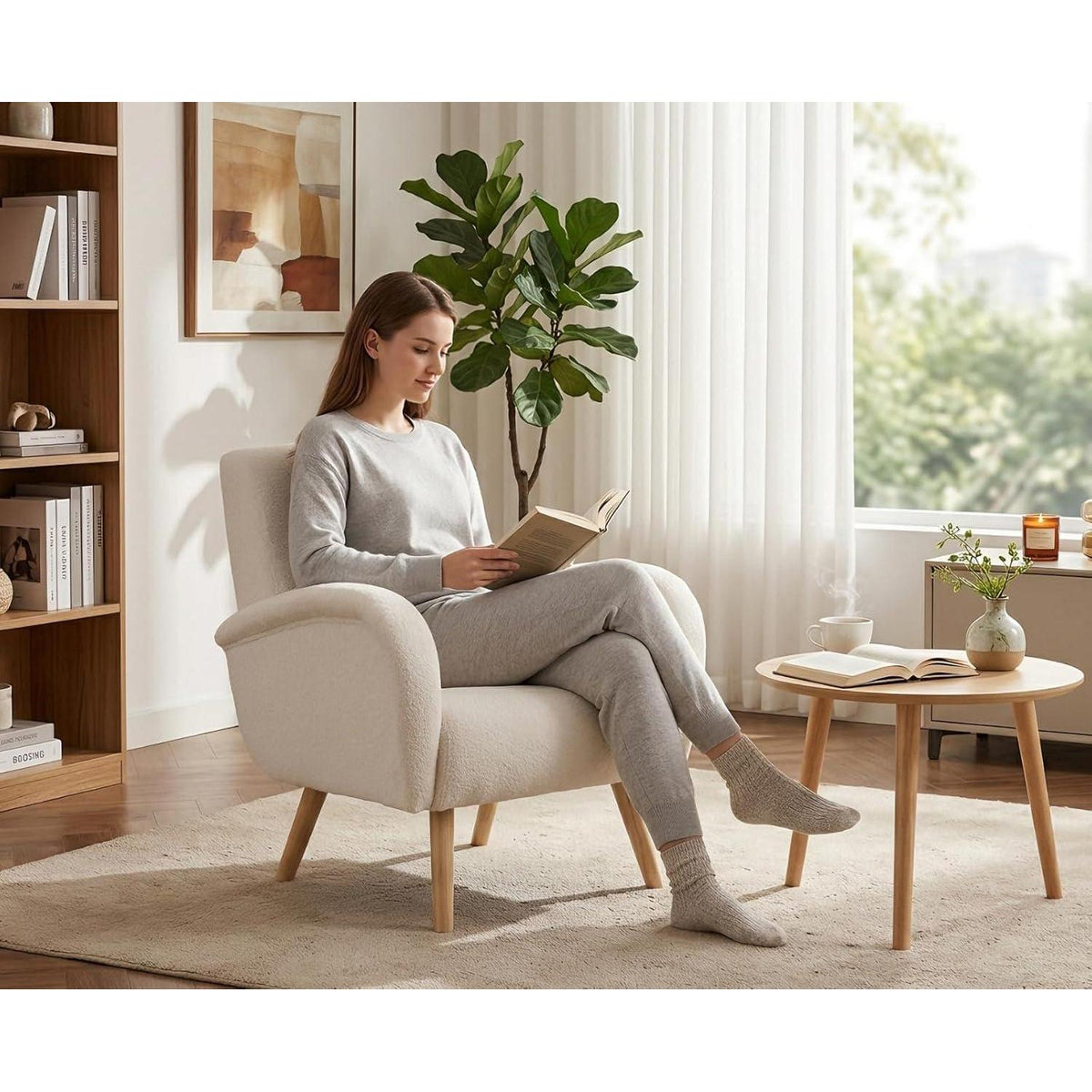 Weißer Kunstfell Sessel mit Holzbeinen – Wohnzimmer Lounge Sessel