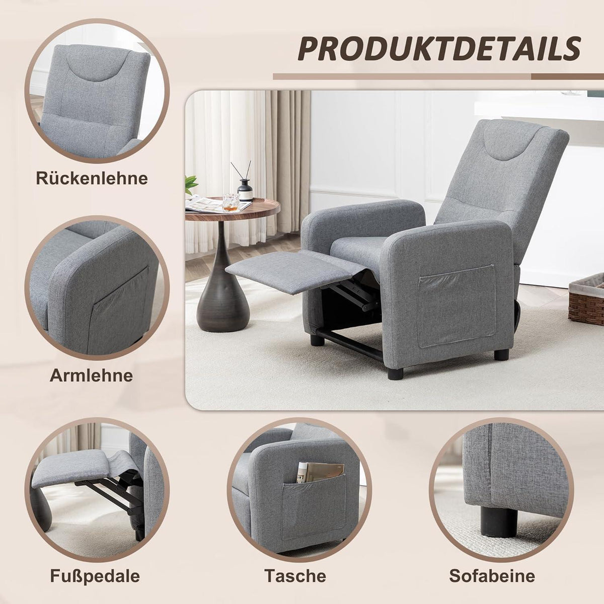Relaxsessel mit Liegefunktion – Grau, Ergonomisch & Bequem