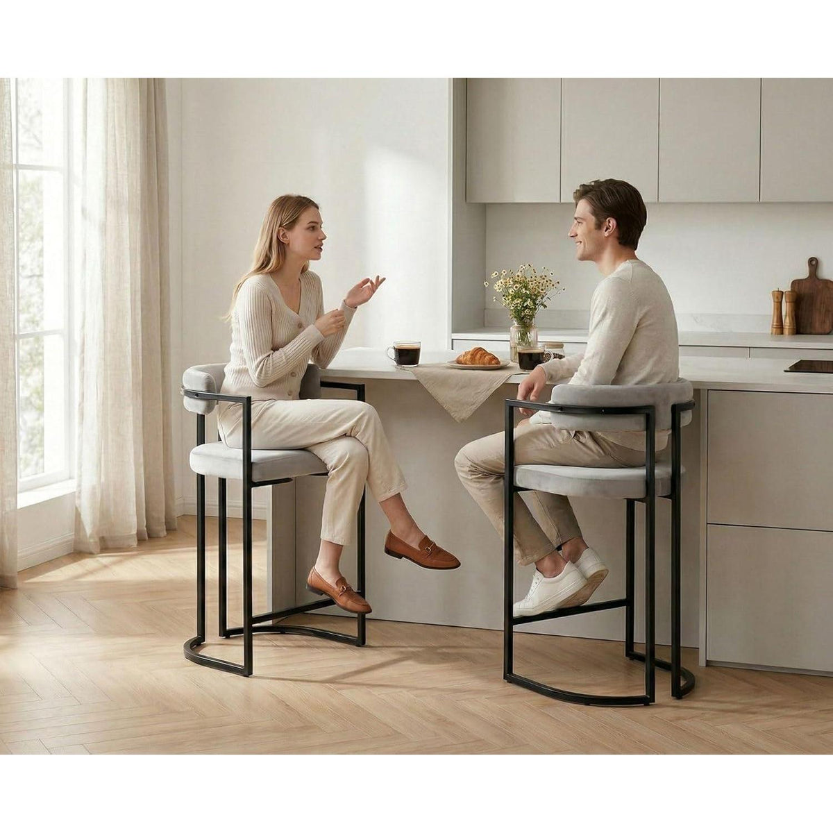 Barhocker Set Grau – Samt & Metall, 66cm Sitzhöhe