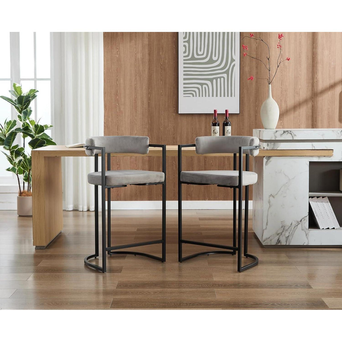 Barhocker Set Grau – Samt & Metall, 66cm Sitzhöhe