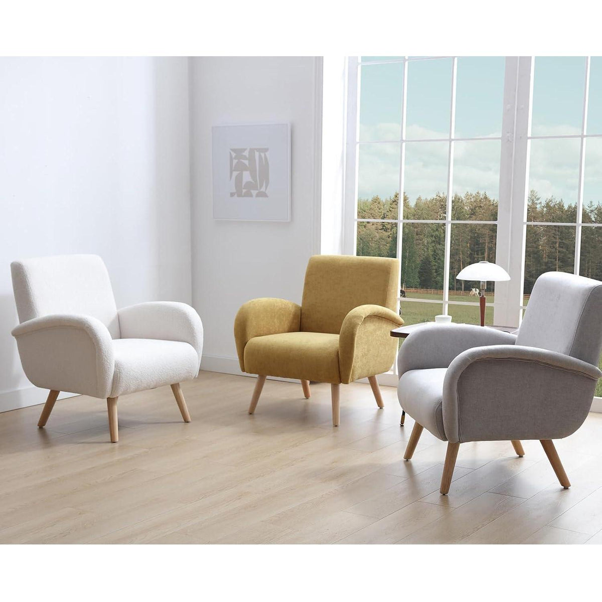 Chenille Loungesessel Grau – Bequemer Sessel mit Holzbeinen