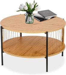 Runder Holz-Couchtisch mit gewebten Papierquasten und Metallgestell