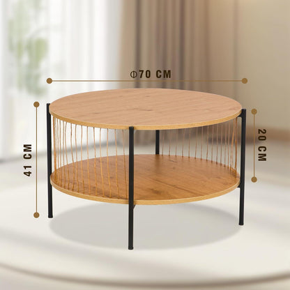 Runder Holz-Couchtisch mit gewebten Papierquasten und Metallgestell