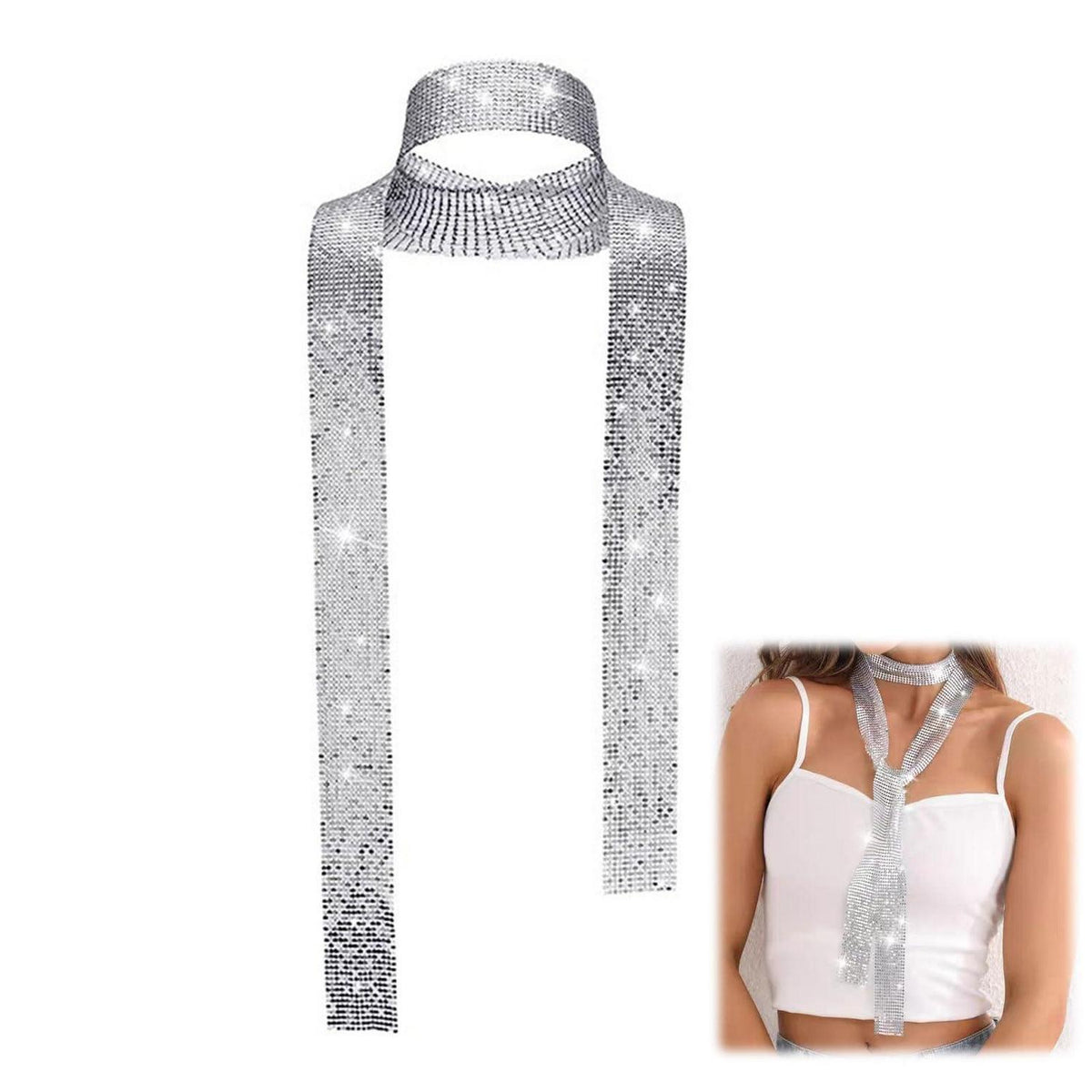 Schmaler Pailletten Schal Silber Glitzer Metallic für Damen