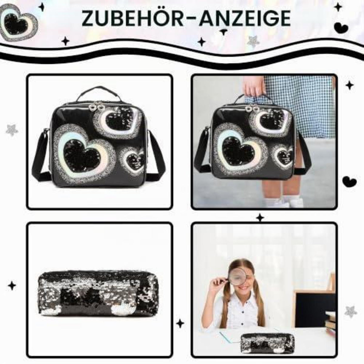 Kinder Rucksack mit Rollen & Trolley Set Schwarz Herz