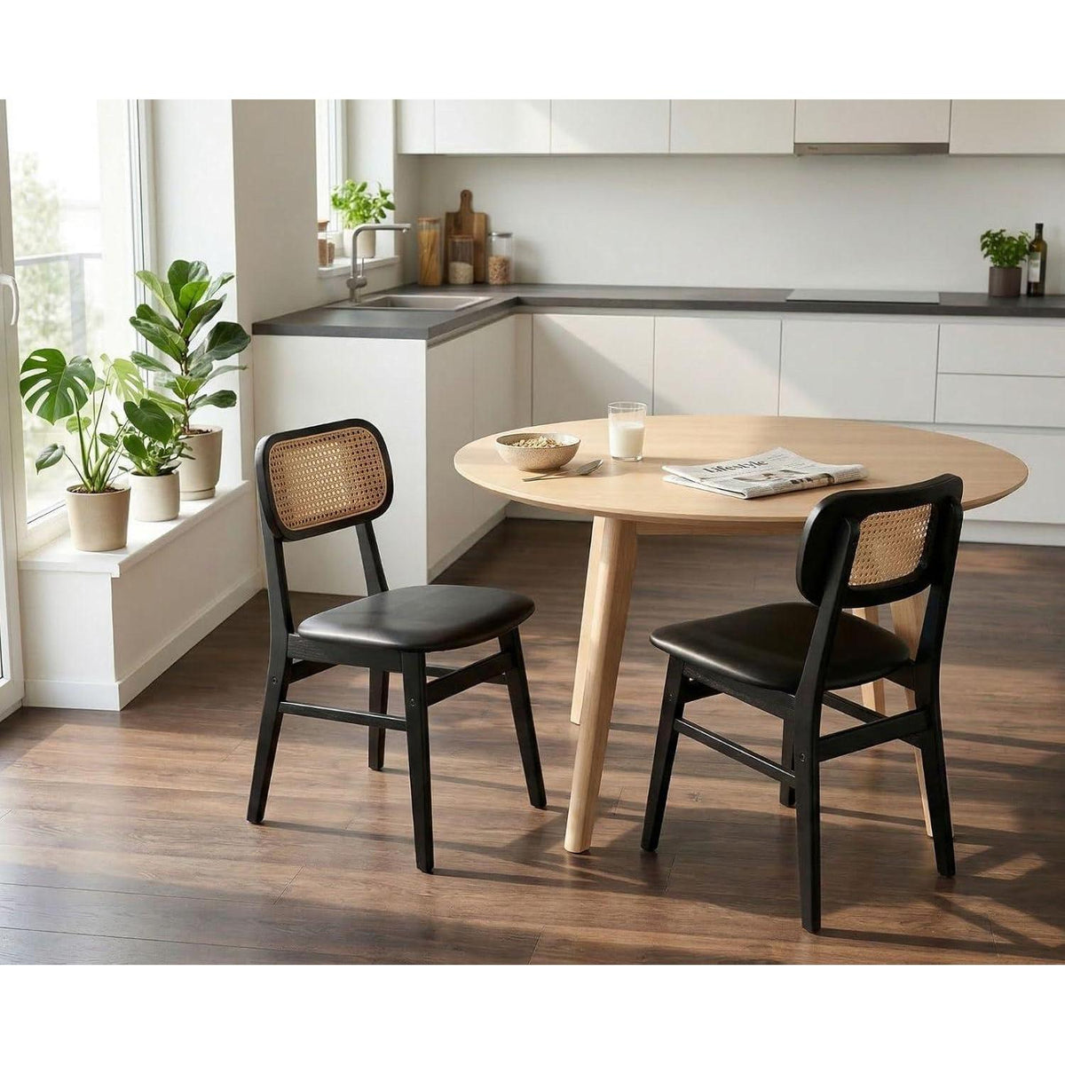 Esszimmerstühle 2er Set Rattan Schwarz in Lederoptik