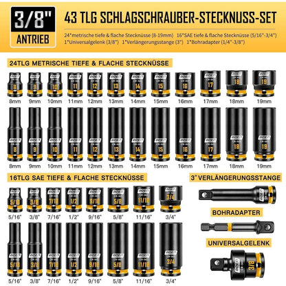43-teiliges Schlagschrauber-Stecknuss-Set 3/8" CR-MO Stahl Metrisch & SAE