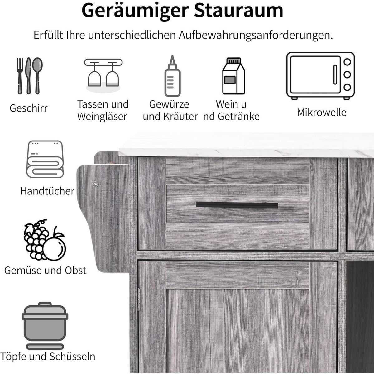 Bewegliche Kücheninsel mit abklappbarer Arbeitsplatte & Stauraum