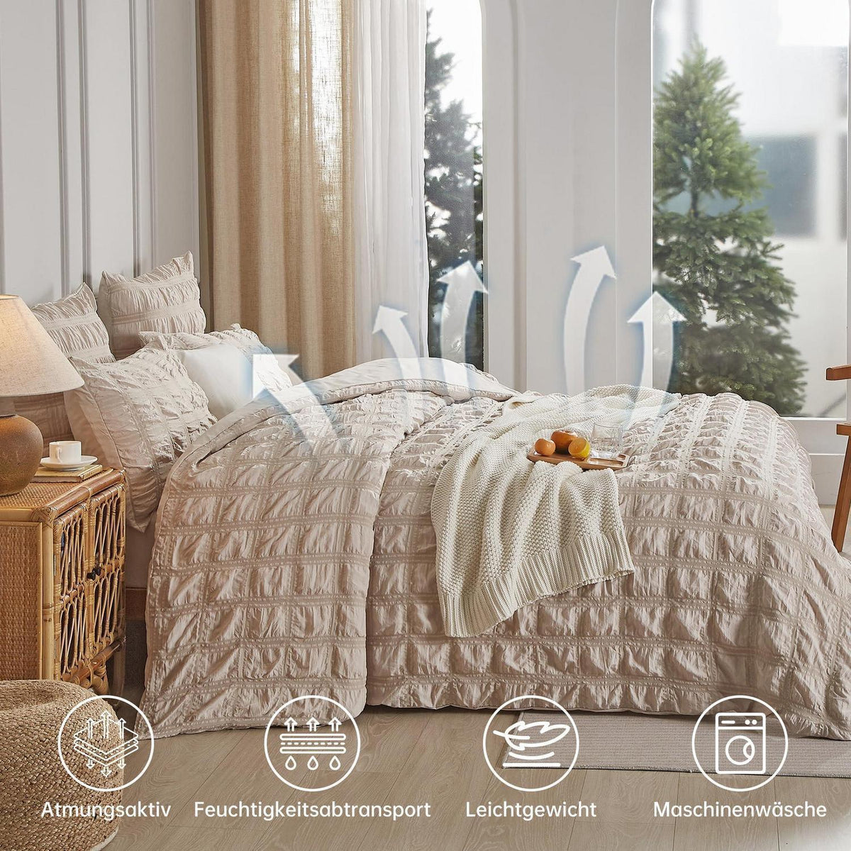 Seersucker Bettwäsche Set 220x240 cm Beige – Kühlend & Atmungsaktiv