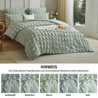 Seersucker Bettwäsche Set 135x200 cm, Grün Kariert, 4-teilig