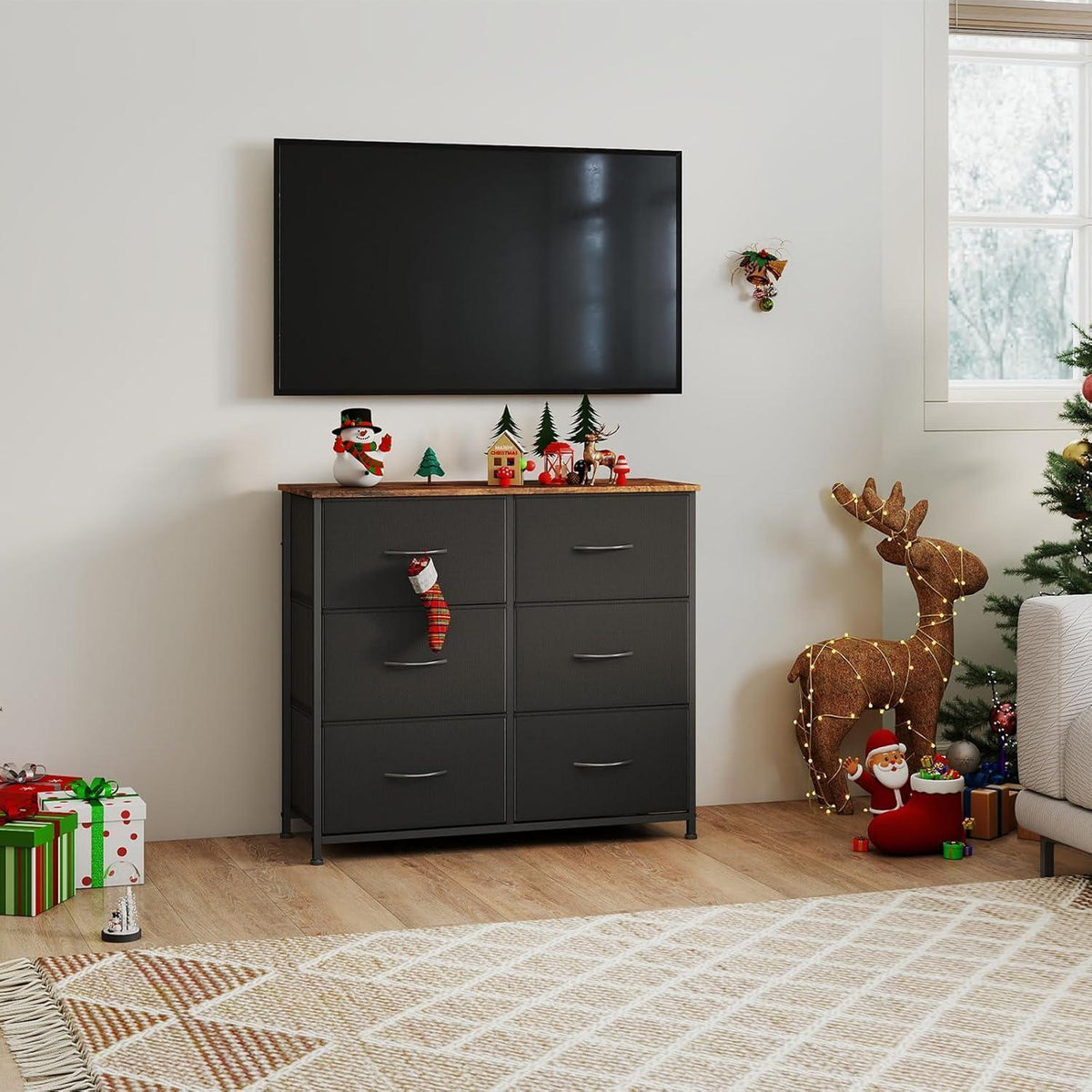 Kommode mit 6 Stoffschubladen – Schwarz, 30x80x71,5 cm