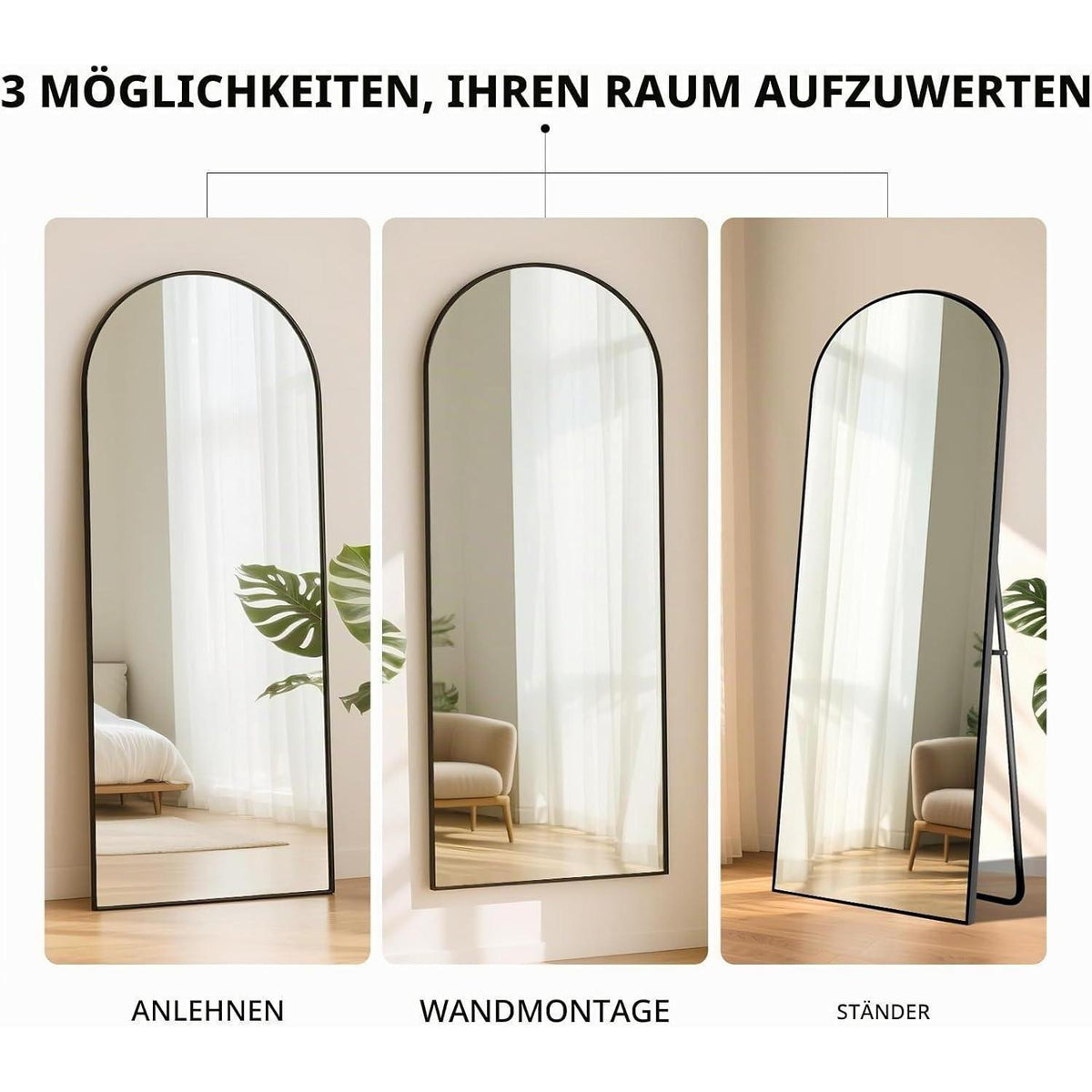 Ganzkörperspiegel 180x76 cm Schwarz – Stand- & Wandspiegel mit Aluminiumrahmen